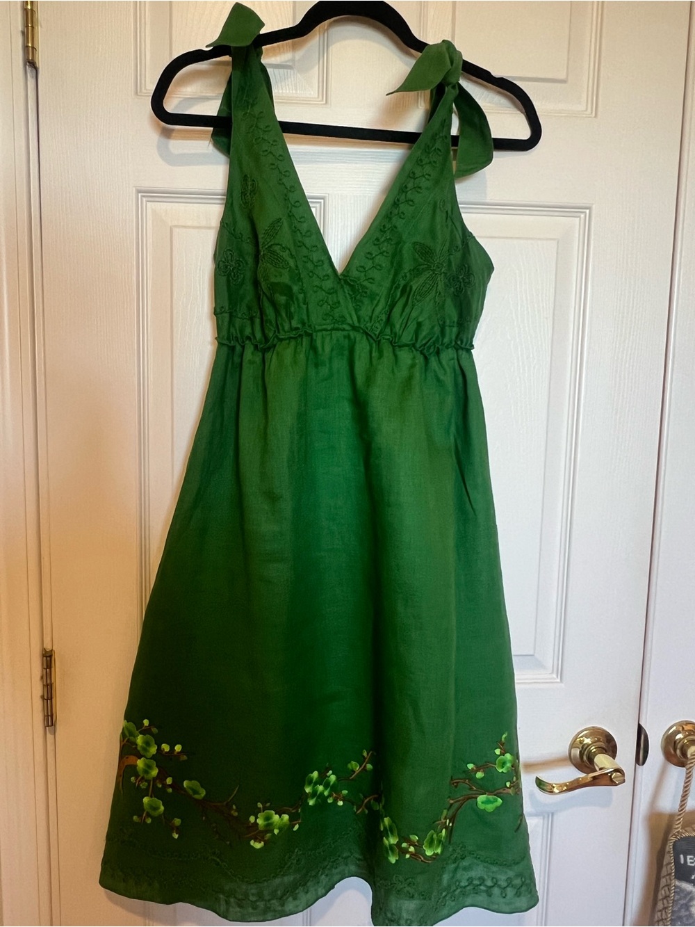 Kelly Green Linen Tie-Shoulder Embroidered Sundress